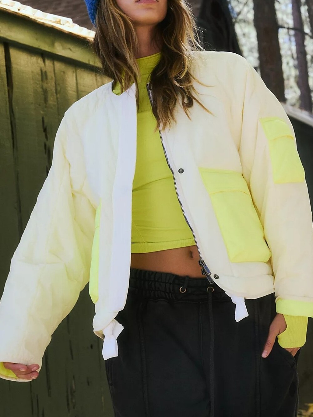 Free People Cream Bomber Jacket with Neon Yellow Accents Size XS NWOT
